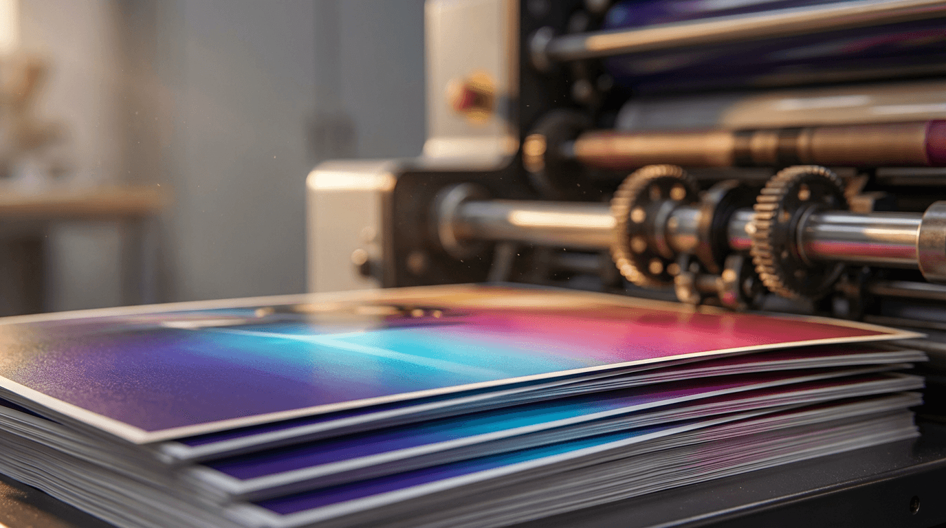 Close-up of vibrant multi-color printed sheets with gradients fanning in soft studio light with bokeh printer background.